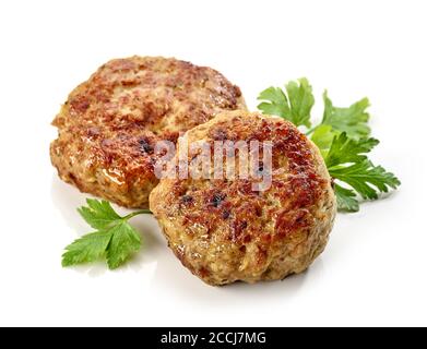 Frisch gebackene hausgemachte Schnitzel isoliert auf weißem Hintergrund Stockfoto