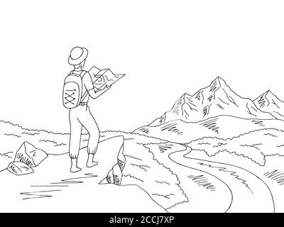 Reisende schaut auf die Karte. Mountain River Grafik schwarz weiß Landschaft Skizze Illustration Vektor Stock Vektor