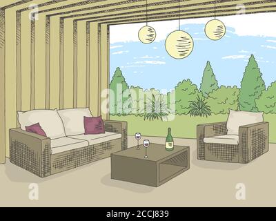 Patio Garten Grafik Farbe Interieur Skizze Illustration Vektor Stock Vektor