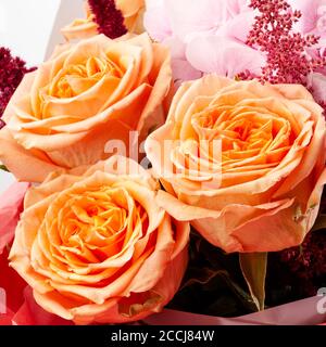 Schönes Bouquet mit zartrosa Hydrangea (Hydrangea macrophylla) oder Hortensia Blume, milden orangen Rosen und rotem Geschenkpapier. Weiches, verträumtes Gefühl Stockfoto