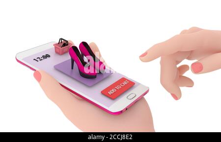 Das Konzept einer Anwendung für die Online-Bestellung von Damenschuhen. Die Hände der Frauen halten ein Mobiltelefon mit einem virtuellen Geschäft. 3D-Rendering Stockfoto