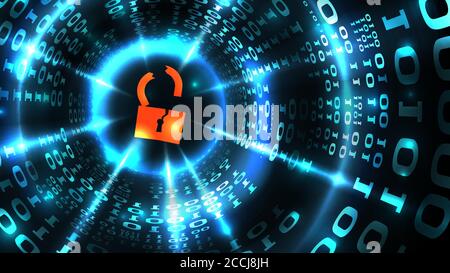 Hacking Computersystem, Datenbank, Social Network Konto. Gehacktes Schloss Symbol auf abstrakten Computer-Daten Hintergrund Programmierung Binärcode, Datendiebstahl Stock Vektor