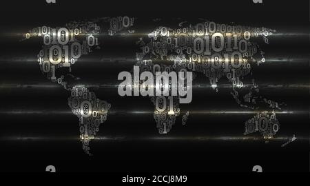 Weltkarte mit Kontinenten aus einem binären Code mit einem Hintergrund von abstrakten Leiterplatten, Elektronik. Digitale Technologien verändern die Welt. Konz Stock Vektor