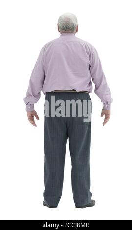 Grauhaariger plump Mann steht mit seinem Rücken voller Länge Stockfoto