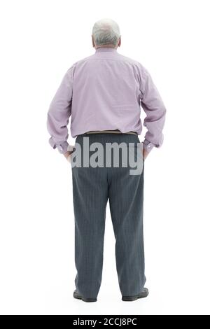 Grauhaariger plump Mann steht mit seinem Rücken voller Länge Stockfoto