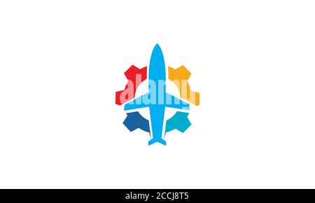 Abstrakte Flugzeug Reise fliegen mit Getriebe Logo Design Stock Vektor