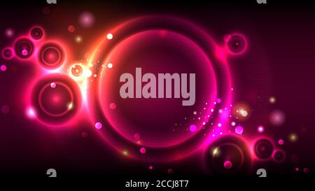 Party Hintergrund, Neon leuchtende Kreise, abstrakt glühenden runden Rahmen auf magenta Bokeh Hintergrund, Vektor Stock Vektor