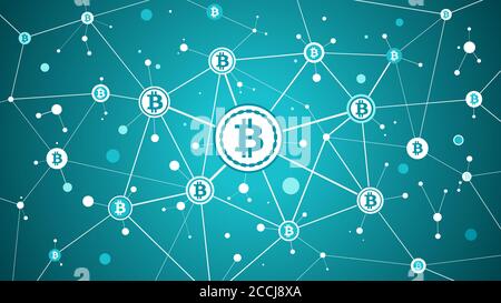 Bitcoin Kryptowährung und Blockchain blauer Hintergrund Stock Vektor
