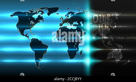 Binäre Code-Weltkarte mit einem Hintergrund abstrakter Hardware. Digitale globale Technologien übernehmen die Welt. Konzept der digitalen Technologie, Cloud se Stock Vektor