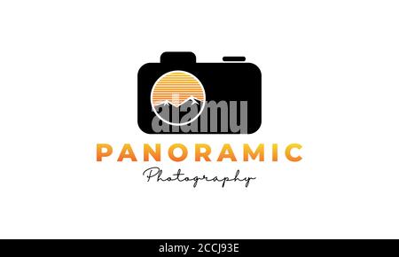 Logo für die Fotografie von Berg- oder Sonnenuntergängen oder Naturaufnahmen mit Shutter-Objektiv Design Stock Vektor