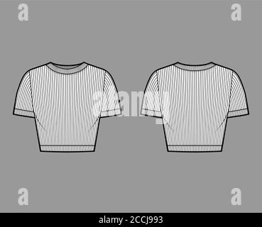 Geripptes 3/4-Baumwoll-Jersey-T-Shirt technische Mode-Illustration mit Rundhalsausschnitt, kurzen Ärmeln, eng anliegende Passform. Flat outwear Pullover Bekleidung Vorlage vorne hinten weiß Farbe. Damen Herren Unisex Strickoberteil Stock Vektor