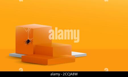 3d Podium in abstrakter orange-weißer Komposition mit Spinne und Spinnennetz im halloween Themendesign. Vektorgrafik Stock Vektor