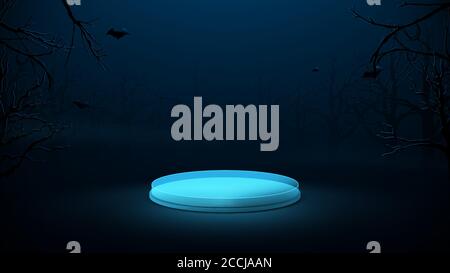 3d blaue Kreis Podium Anzeige in einem gruseligen Wald in der Nacht. Happy halloween Hintergrund. Vektorgrafik Stock Vektor
