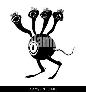 A concept of an alien creature with one big eye and many toothy heads. Critter walks on two legs. Silhouette image. Isolated vector on a white backgro Stock Vektor