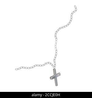 Religiös orthodoxes silbernes Kreuz auf der Kette, die auf weiß isoliert ist. Die Kette ist zerrissen. Vektor EPS10. Stock Vektor