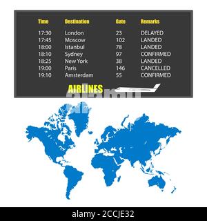 Infotafel mit Flugplan und gefüllter Weltkarte isoliert auf weiß. Weltkarte in blau. Auf der Anzeigetafel Text und Ebene. Vektor EPS10. Stock Vektor