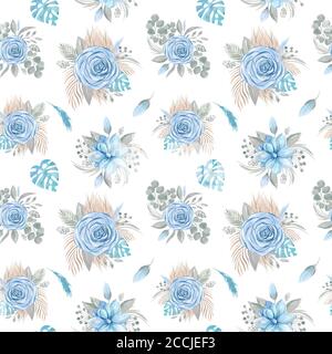 Nahtloses Muster Aquarell-Illustration eines Boho Bouquets aus blauer Rose und getrockneten tropischen Blättern auf weißem Hintergrund. Blumenarrangement Hochzeit fl Stockfoto