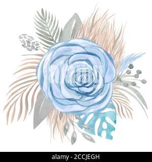 Aquarell Illustration von Boho Bouquet von blauen Rosen und getrockneten tropischen Blättern. Blumenarrangement Hochzeitsblumen Stockfoto