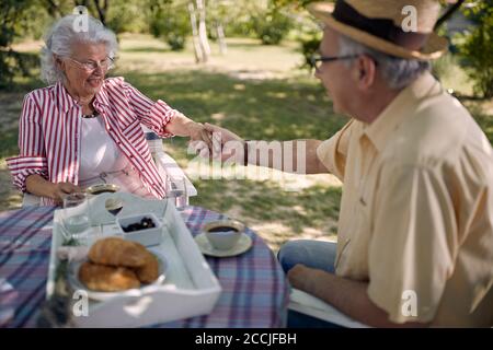 Lächelndes Seniorenpaar sitzt am Tisch im Freien und genießt zusammen. Stockfoto