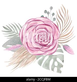 Aquarell Illustration eines Boho Bouquet von tropischen Blättern Blumen Rosen. Blumenarrangement Hochzeitsdesign Stockfoto