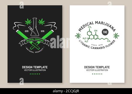 Medizinisches Cannabisplakat, Flyer, Vorlage mit Cannabisblatt, Glasbong. Vektor. Typografie Logo Design mit Cannabisblatt, Glas Bong Silhouette für Unkrautladen, Cannabis, Marihuana Lieferservice Stock Vektor