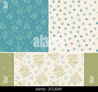 Weihnachtsbaum, Bälle, Sterne Hand gezeichnet nahtlose Muster. Blau-grüne Pastellfarben. Set von Mustern für Karten, Stoff, Geschenkpapier. Ungleichmäßige Linien Stock Vektor
