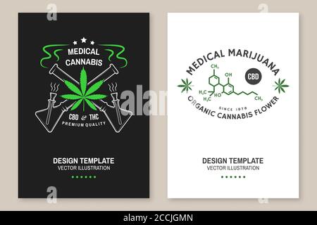 Medizinisches Cannabisplakat, Flyer, Vorlage mit Cannabisblatt, Glasbong. Vektor. Typografie Logo Design mit Cannabisblatt, Glas Bong Silhouette für Unkrautladen, Cannabis, Marihuana Lieferservice Stock Vektor