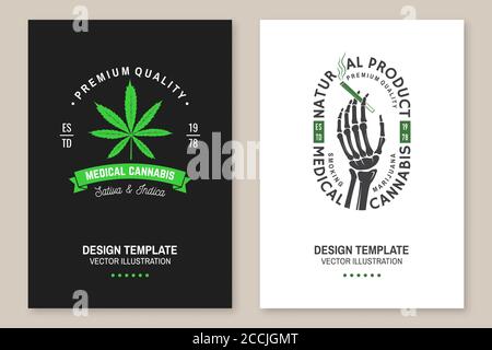 Medizinisches Cannabisplakat, Flyer, Vorlage mit Cannabisblatt, Glasbong. Vektor. Typografie Logo Design mit Cannabisblatt, Glas Bong Silhouette für Unkrautladen, Cannabis, Marihuana Lieferservice Stock Vektor