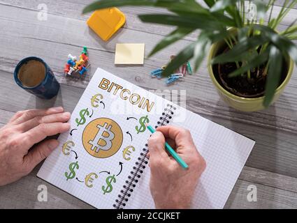 Bitcoin-Konzept auf einem Notizblock auf einem Schreibtisch gezeichnet Stockfoto