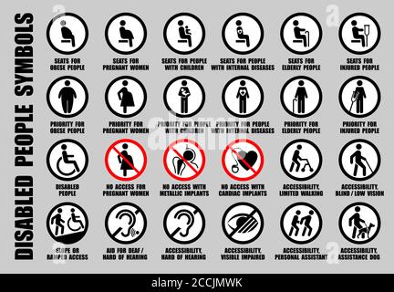 Vollständiger Satz von Vektor-ISO-Symbolen mit behinderten, ungültigen, behinderten Personen. Schwarze runde Symbole von flachen Menschen Figuren isoliert auf weiß Stock Vektor