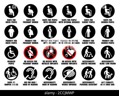 Vollständige Vektor-Piktogramme Sammlung von runden ISO-Symbole von behinderten, verletzten, schwangeren, übergewichtigen, alten Menschen mit Rollstuhl, Kinder, Hund, Assistent Stock Vektor