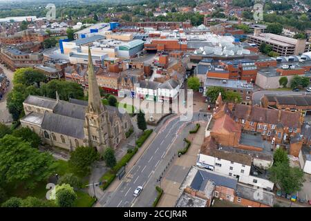 Luftaufnahme des Stadtzentrums von Redditch, Worcestershire, Großbritannien. Redditch berühmt für Nadelherstellung und Angelausrüstung Produktion. Stockfoto