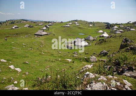 Traditionelle Hüttenhütten im Bergdorf Velika Planina in Slowenien. Stockfoto