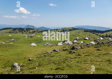 Traditionelle Hüttenhütten im Bergdorf Velika Planina in Slowenien. Stockfoto