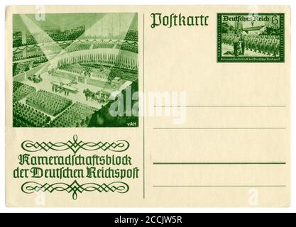 Deutsche historische Postkarte: Kameradschaftsblock des Deutschen Reichspost, Treffen der Postangestellten in der Ausstellungshalle in Berlin, 1939 Stockfoto