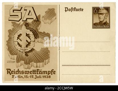 Historische Postkarte: Sportveranstaltungen der SA in Berlin, SA Sportabzeichen, Prägestempel, Deutschland, Drittes Reich, 1938 Stockfoto