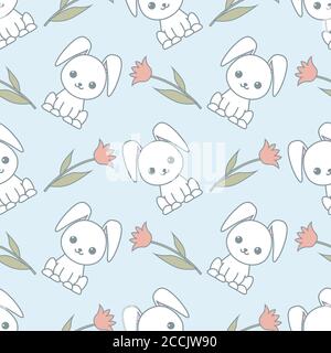 Niedliche nahtlose Muster mit Cartoon lustige Kaninchen und Blumen. Romantischer Hintergrund. Muster mit Doodle. Vektor Kawaii Illustration. Stock Vektor