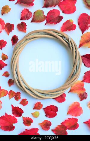 Kranz aus Herbstblumen und Blättern auf weißem Hintergrund. Herbstkomposition. Flach liegend, Kopierplatz. Stockfoto