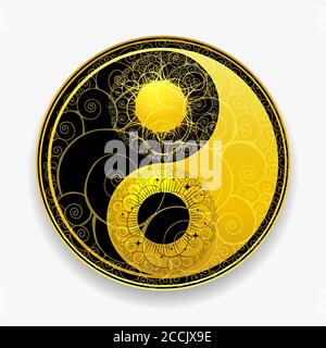 Chinesisches PhilosophieTaoismus-Symbol. Goldenes Yin Yang-Emblem. Vektorgrafik. Stock Vektor