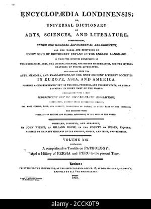 Frontispiz Kupferstich zum Thema Pathologie [Hippokrates in einem Wagen mit dem Stab und der Schlange von Aesculapius] aus der Encyclopedia Londinensis oder, Universal Wörterbuch der Künste, Wissenschaften und Literatur; Band XIX; herausgegeben von Wilkes, John. Veröffentlicht 1823 in London Stockfoto