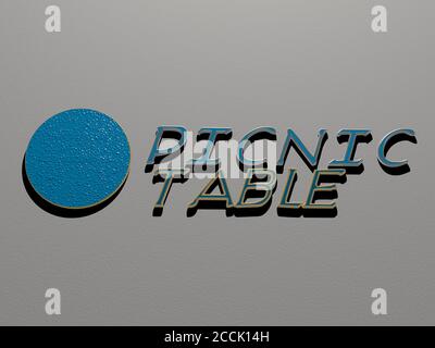 PICKNICK-TISCH-Symbol und Text an der Wand, 3D-Illustration Stockfoto