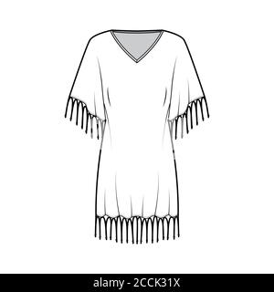 Gefranste Kaftan Kleid technische Mode Illustration mit tiefem V-Ausschnitt, Fledermaus Ellbogen Ärmel, über-die-Knie-Länge, überdimensioniert. Flache Schablone vorne weiß Farbe. Damen Herren Unisex TOP CAD Mockup Stock Vektor