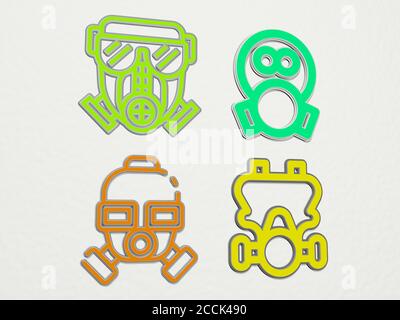 Gasmaske, 4 Symbole, 3D-Darstellung Stockfoto