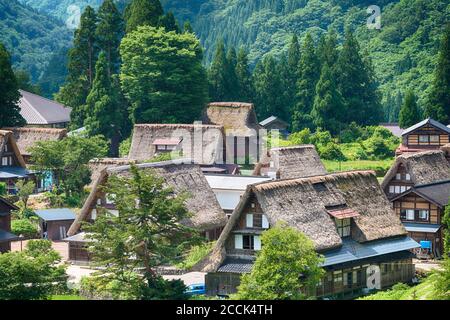 Nanto, Japan - Gassho-zukuri Häuser in Ainokura Dorf, Gokayama Gegend, Nanto Stadt, Toyama Präfektur, Japan. UNESCO-Weltkulturerbe. Stockfoto