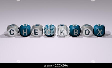Kreuzworträtsel der Checkbox angeordnet durch kubische Buchstaben auf einem Spiegelboden, Konzept Bedeutung und Präsentation, 3D-Illustration Stockfoto
