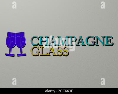 3D-Grafik-Bild von Champagner-Glas vertikal zusammen mit Text von metallischen kubischen Buchstaben aus der oberen Perspektive gebaut, hervorragend für das Konzept Präsentation und Diashows, 3D-Illustration Stockfoto