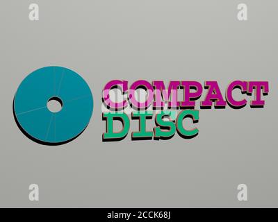 3D-Illustration von COMPACT DISC Grafiken und Text von metallischen Würfel Buchstaben für die damit verbundenen Bedeutungen des Konzepts und Präsentationen, 3D-Illustration gemacht Stockfoto