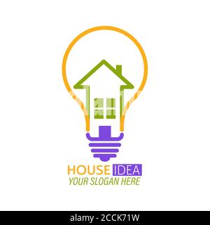 Hausidee. Glühlampe mit einer Silhouette eines Hauses in der Glühbirne. Vektordarstellung für ein Logo, Piktogramm, Emblem oder Aufkleber isoliert auf einem Stock Vektor