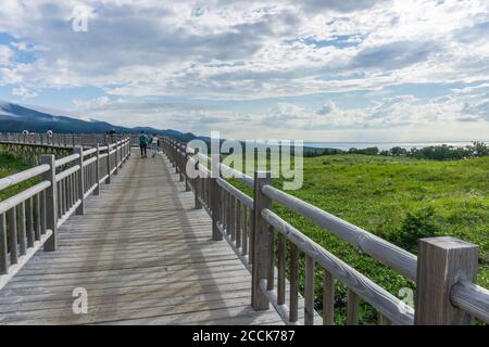 Blick auf den erhöhten Gehweg im Shiretoko Five Lakes 知床五湖 Nationalpark in Hokkaido, Japan Stockfoto