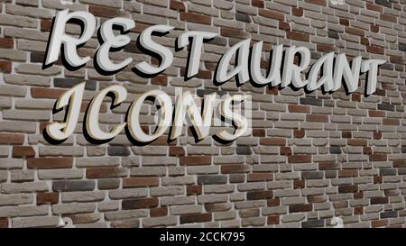 Restaurant Symbole Text auf texturierter Wand, 3D-Illustration Stockfoto